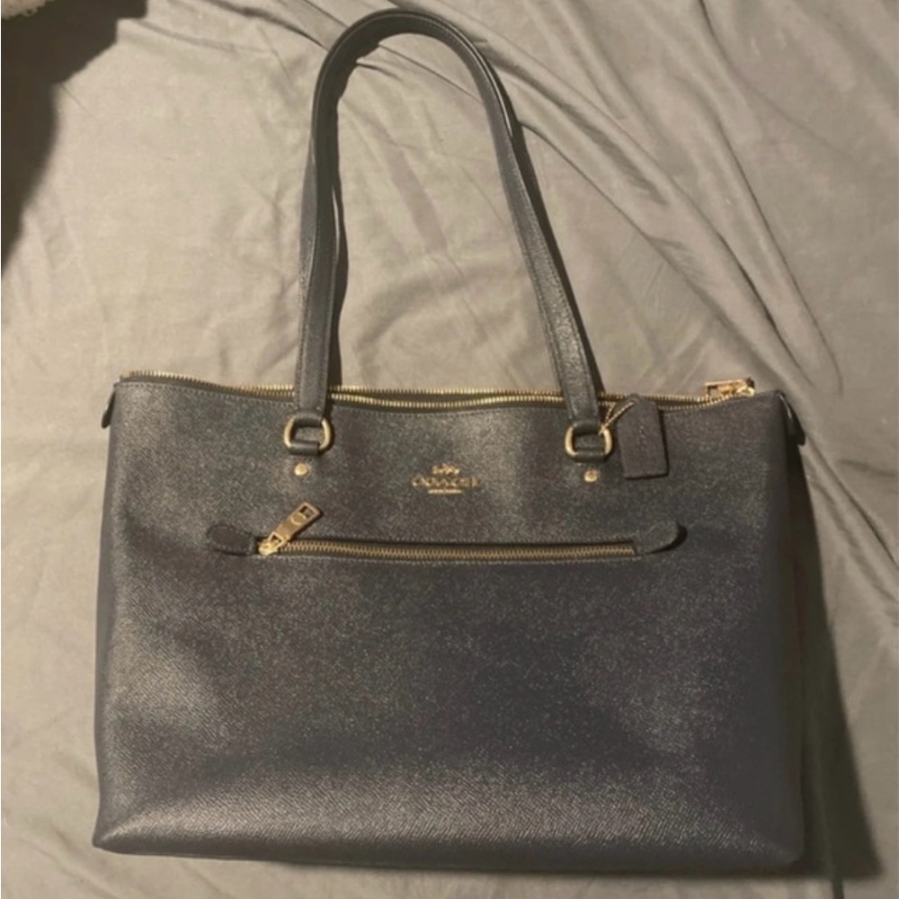 Coach Navy Leather Tote with Gold Accents